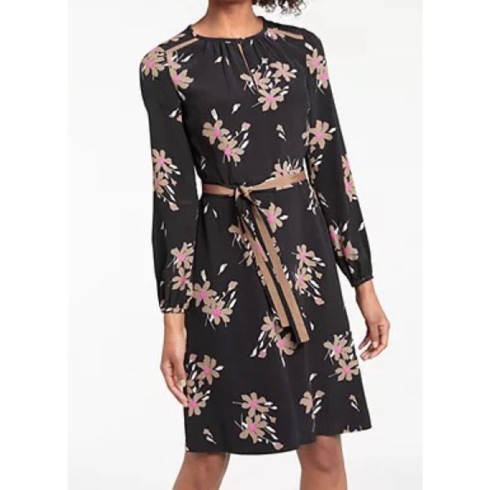 Boden Women's Mara Dress in Black Bramble Floral Tie Waist size 4 Long